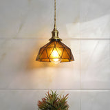 Vintage Handcrafted Stained Glass Cone Pendant Light Copper Gold Ceiling Hanging Lamp