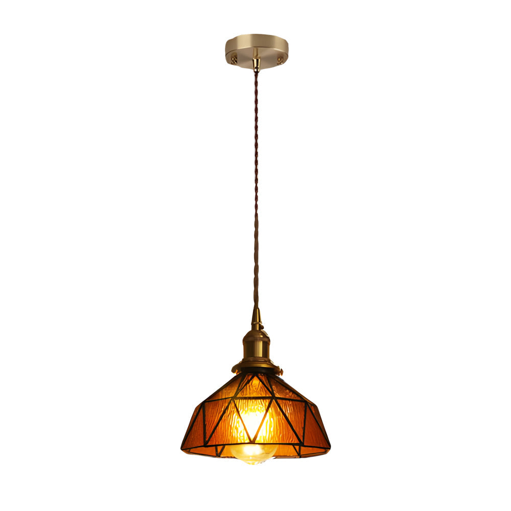 Vintage Handcrafted Stained Glass Cone Pendant Light Copper Gold Ceiling Hanging Lamp