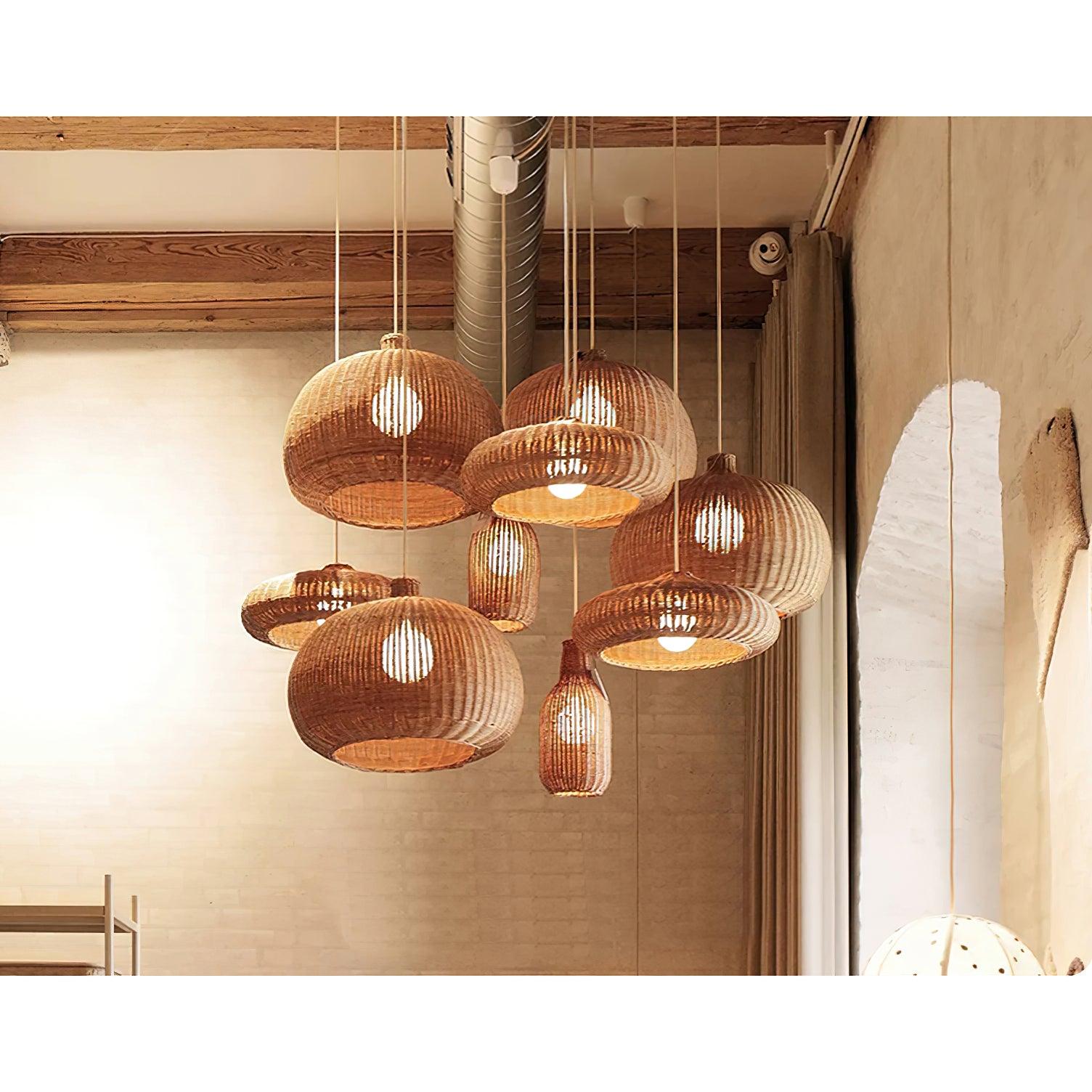 Vintage Handwoven Rattan Pendant Light Rustic Bohemian Woven Ceiling Hanging Lamp