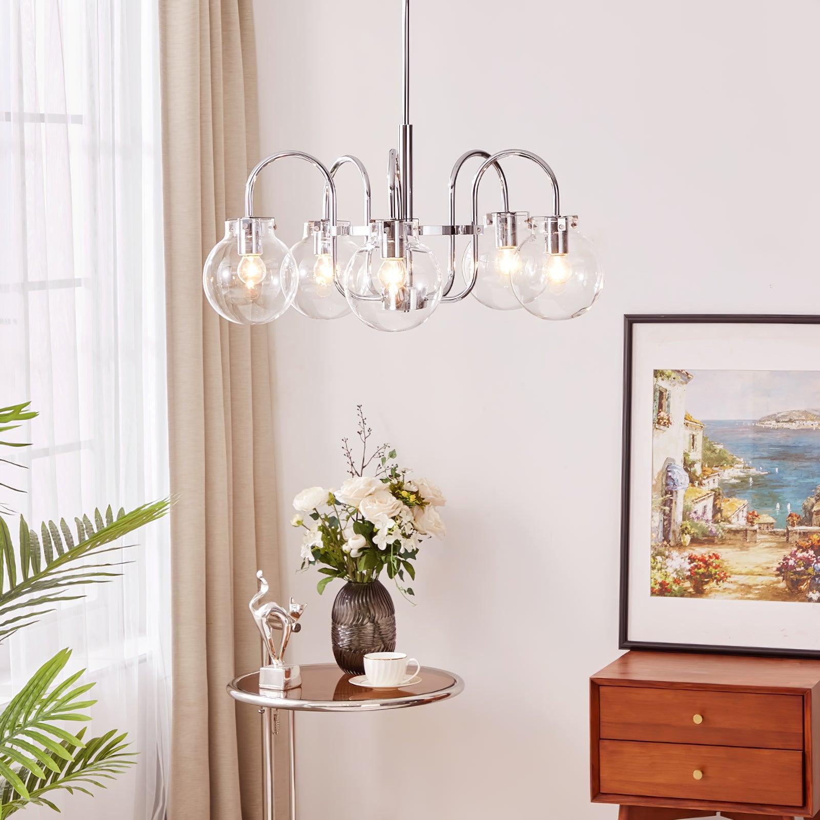 Vintage Hansford Gasolier Chandelier with Chrome Finish and Clear Seedy Glass