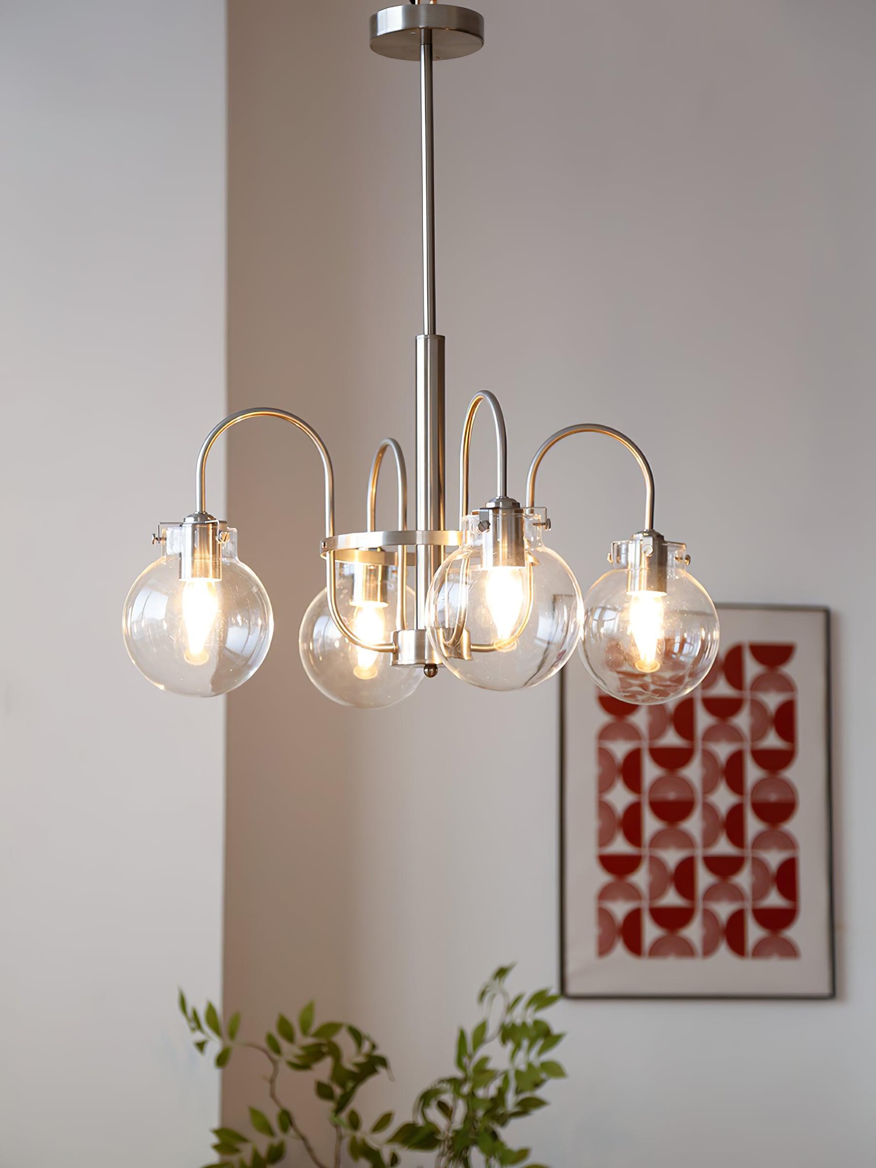 Vintage Hansford Gasolier Chandelier with Chrome Finish and Clear Seedy Glass