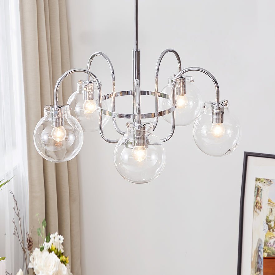 Vintage Hansford Gasolier Chandelier with Chrome Finish and Clear Seedy Glass