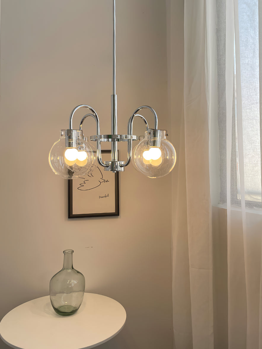 Vintage Hansford Gasolier Chandelier with Chrome Finish and Clear Seedy Glass