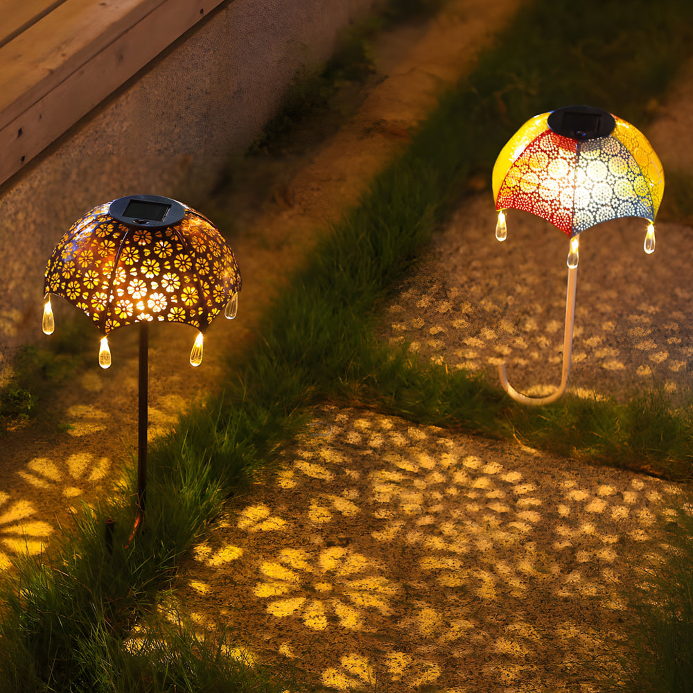 Vintage Hollow Umbrella Solar Garden Stake Lights Waterproof Iron LED Pathway Decoration