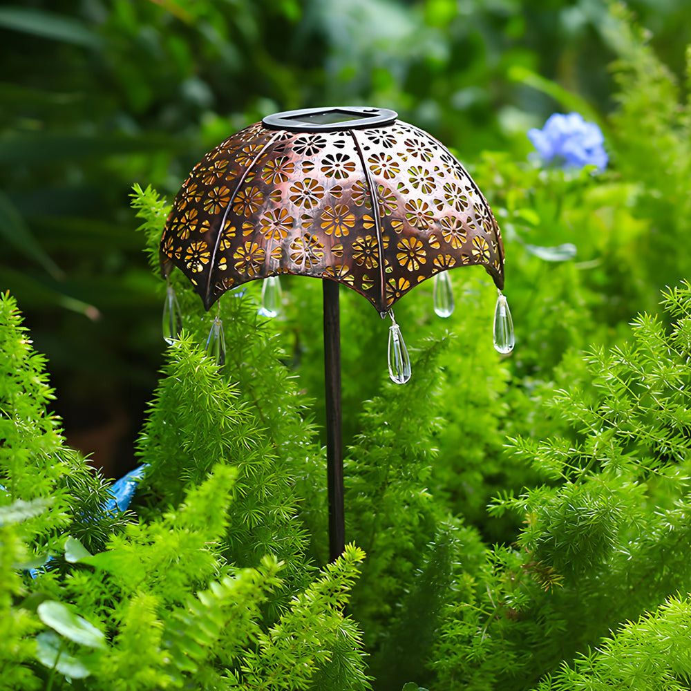 Vintage Hollow Umbrella Solar Garden Stake Lights Waterproof Iron LED Pathway Decoration