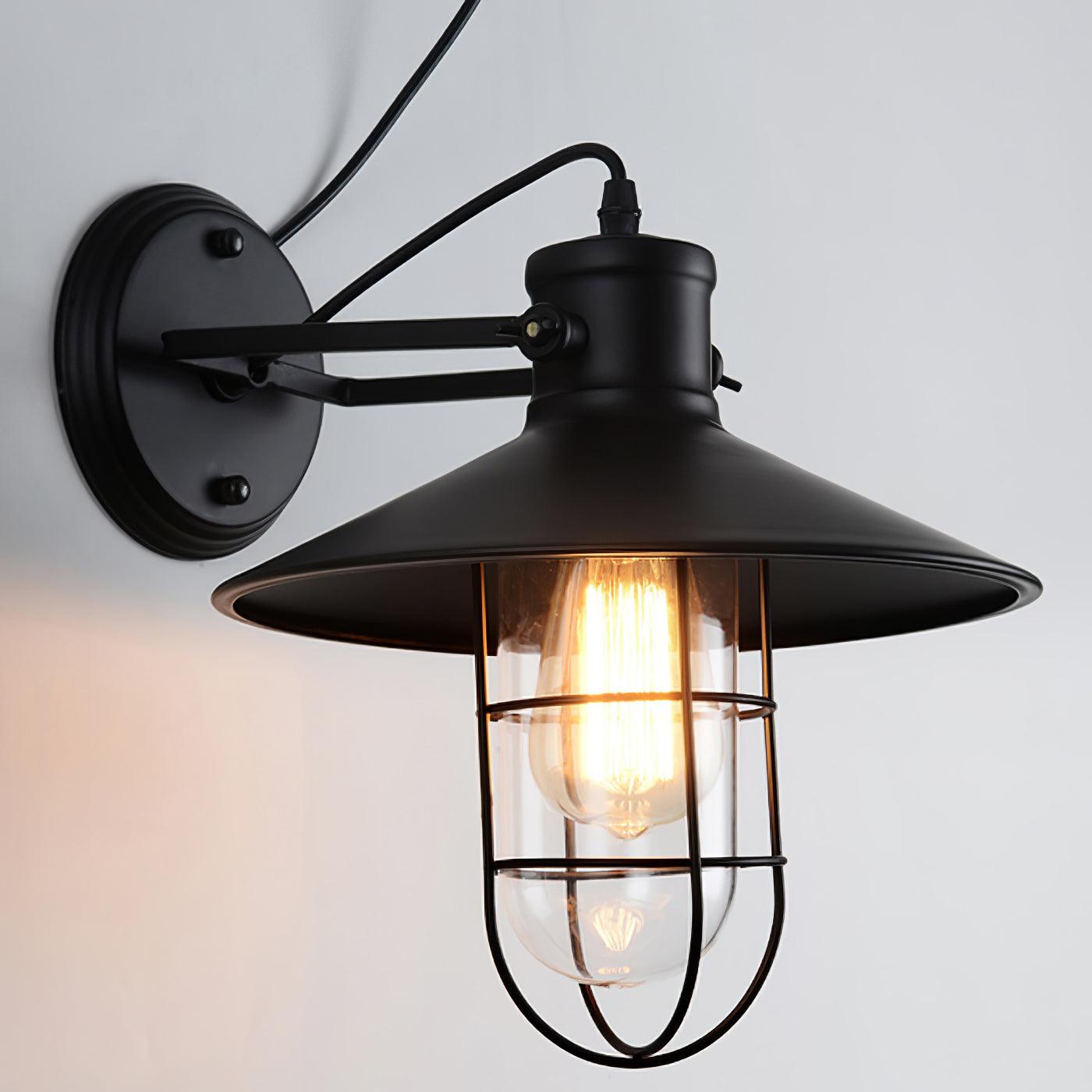 Vintage Industrial Harbour Wall Lamp with Wire Cage and Clear Glass Dome Shade