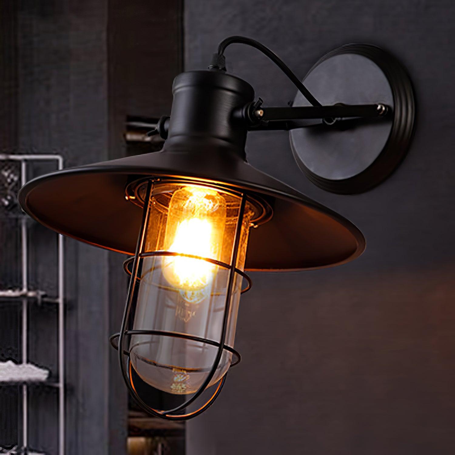 Vintage Industrial Harbour Wall Lamp with Wire Cage and Clear Glass Dome Shade