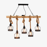 Vintage Industrial Hemp Rope Grenade Chandelier Rustic Wood Crown Pendant Light