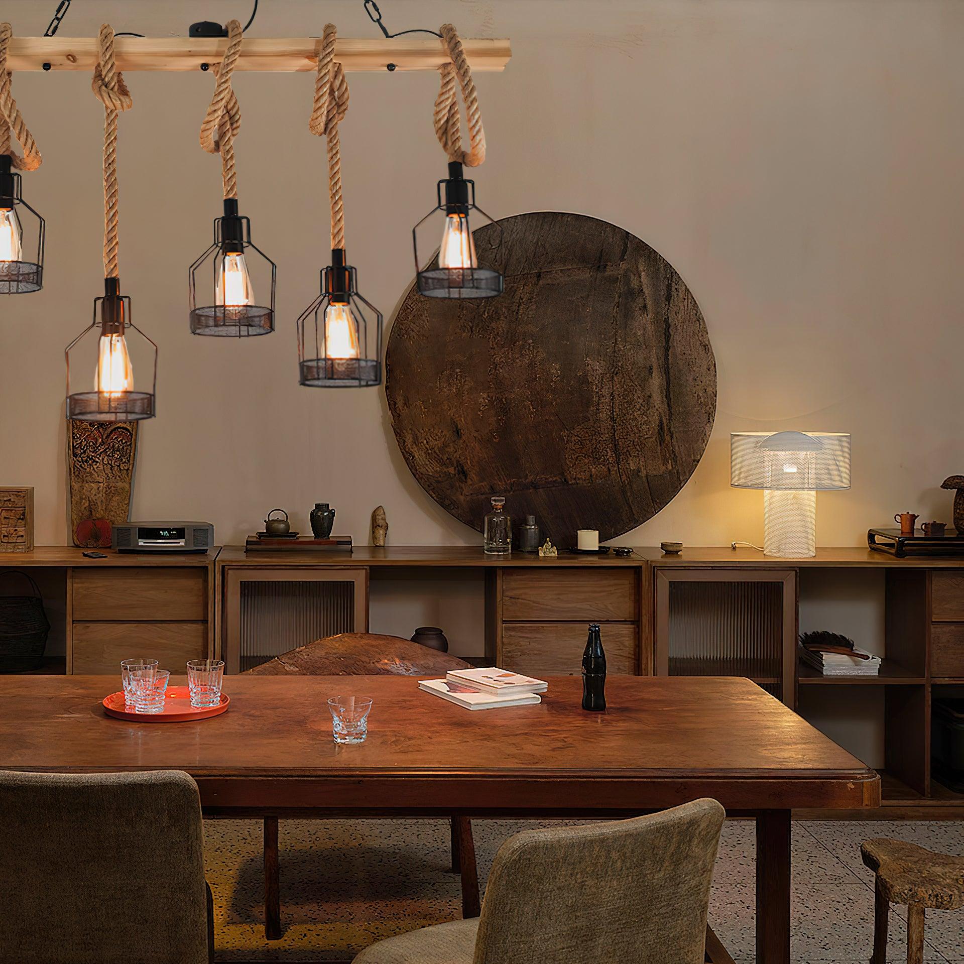 Vintage Industrial Hemp Rope Grenade Chandelier Rustic Wood Crown Pendant Light