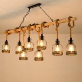 Vintage Industrial Hemp Rope Grenade Chandelier Rustic Wood Crown Pendant Light