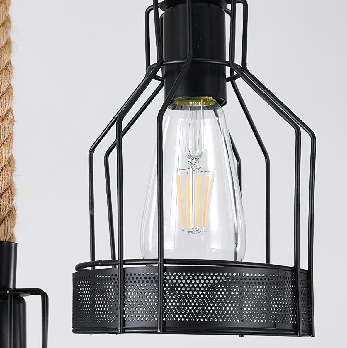 Vintage Industrial Hemp Rope Grenade Chandelier Rustic Wood Crown Pendant Light