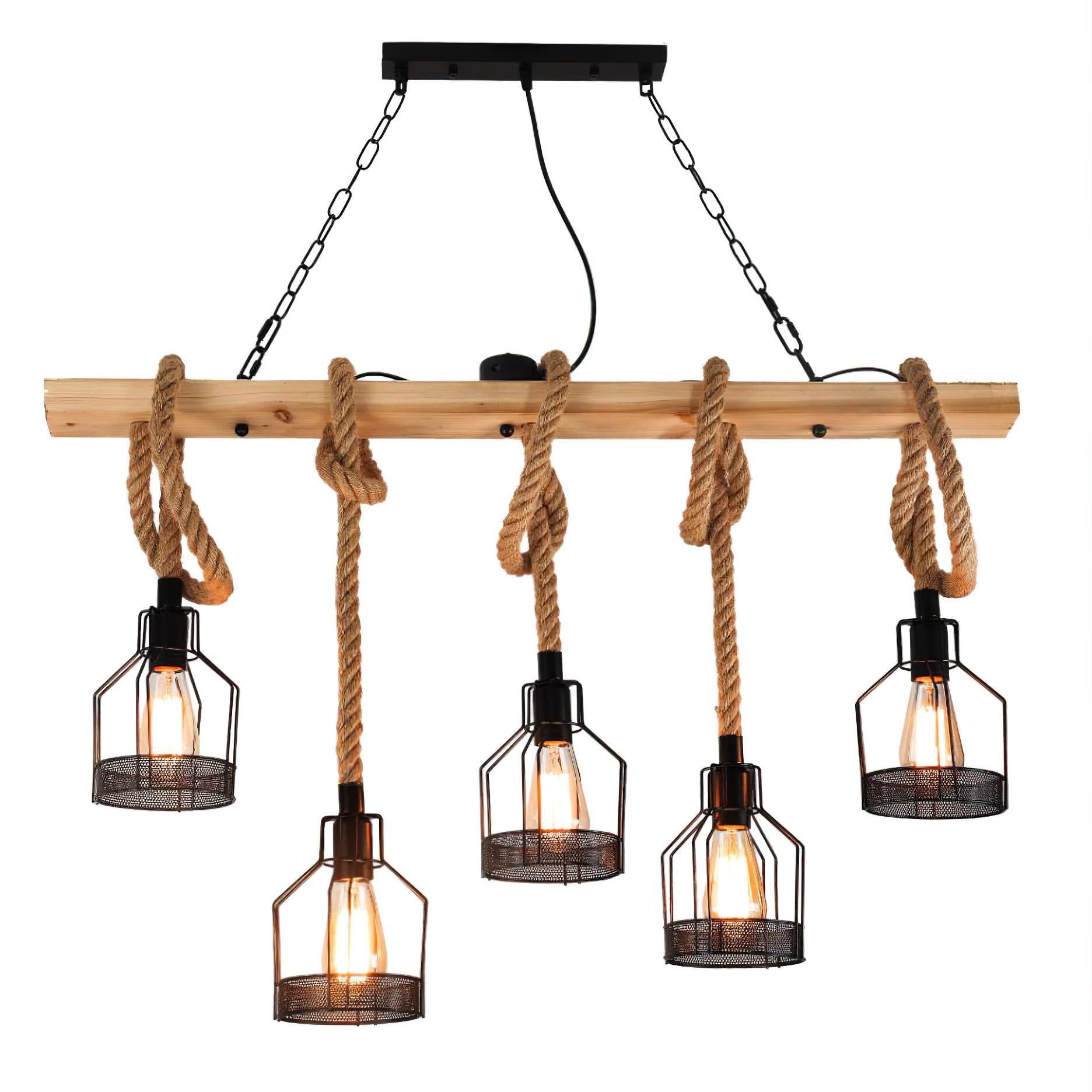 Vintage Industrial Hemp Rope Grenade Chandelier Rustic Wood Crown Pendant Light