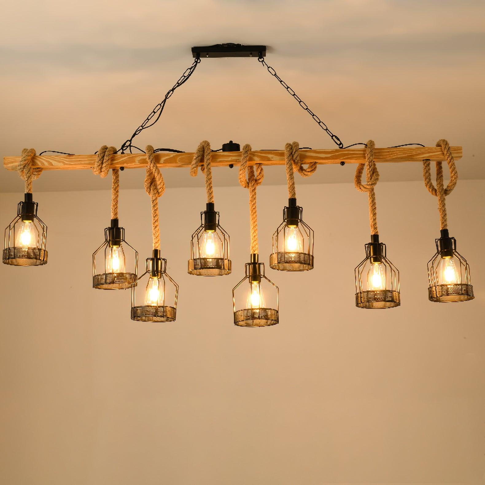 Vintage Industrial Hemp Rope Grenade Chandelier Rustic Wood Crown Pendant Light