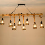 Vintage Industrial Hemp Rope Grenade Chandelier Rustic Wood Crown Pendant Light