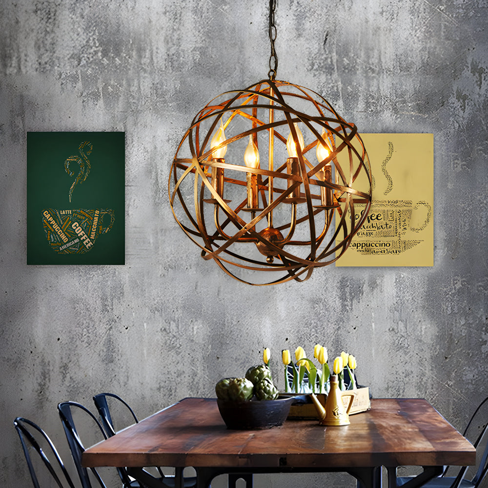 Vintage Industrial Spherical Iron Cage LED Chandelier Modern Globe Pendant Light for Dining Room