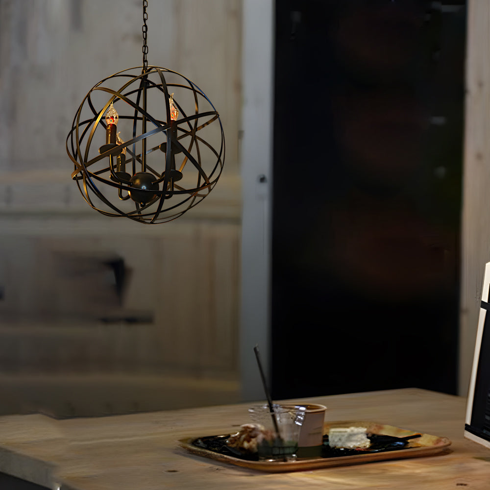 Vintage Industrial Spherical Iron Cage LED Chandelier Modern Globe Pendant Light for Dining Room
