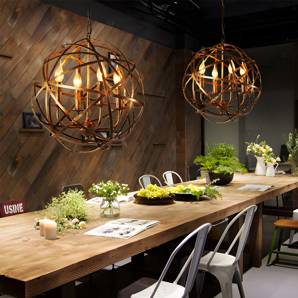 Vintage Industrial Spherical Iron Cage LED Chandelier Modern Globe Pendant Light for Dining Room