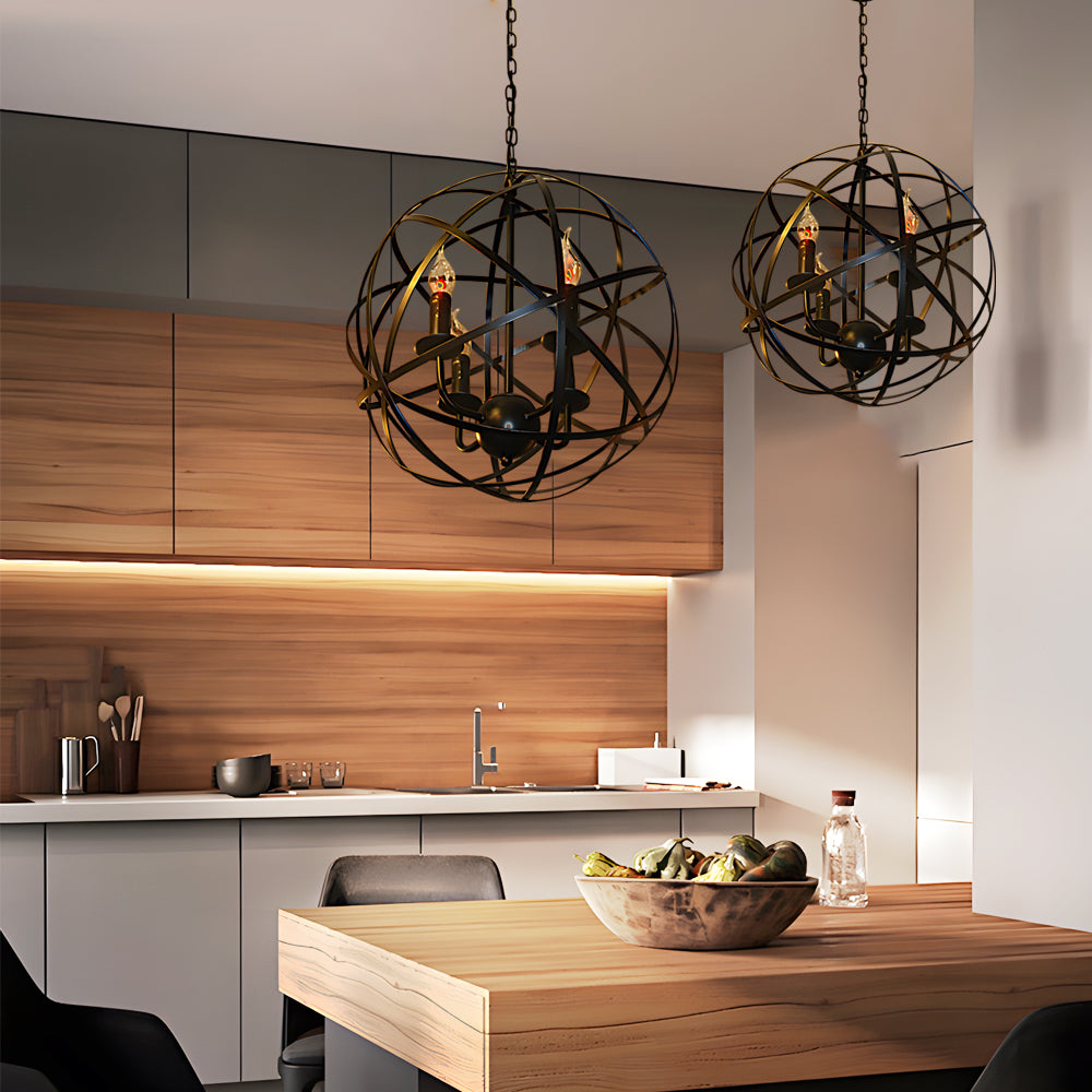 Vintage Industrial Spherical Iron Cage LED Chandelier Modern Globe Pendant Light for Dining Room