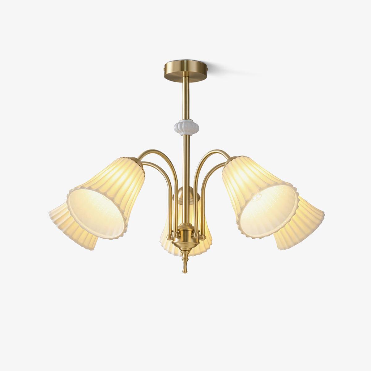 Vintage Medieval Style Ceramic Trumpet Chandelier with Gold Metal Arms and White Shades