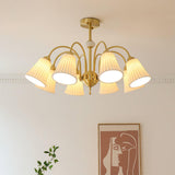 Vintage Medieval Style Ceramic Trumpet Chandelier with Gold Metal Arms and White Shades