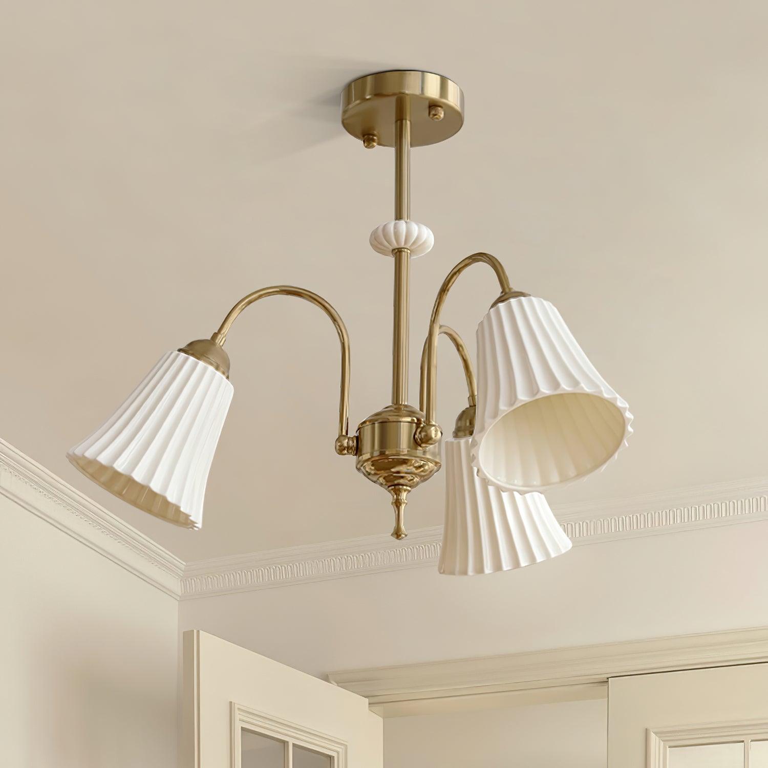 Vintage Medieval Style Ceramic Trumpet Chandelier with Gold Metal Arms and White Shades