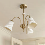 Vintage Medieval Style Ceramic Trumpet Chandelier with Gold Metal Arms and White Shades