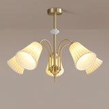 Vintage Medieval Style Ceramic Trumpet Chandelier with Gold Metal Arms and White Shades