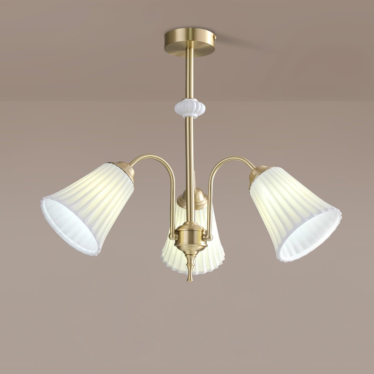 Vintage Medieval Style Ceramic Trumpet Chandelier with Gold Metal Arms and White Shades