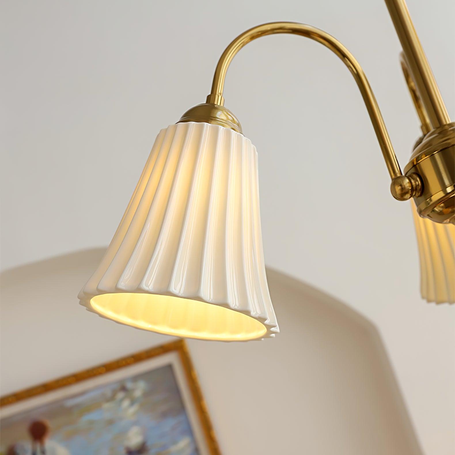 Vintage Medieval Style Ceramic Trumpet Chandelier with Gold Metal Arms and White Shades