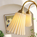 Vintage Medieval Style Ceramic Trumpet Chandelier with Gold Metal Arms and White Shades