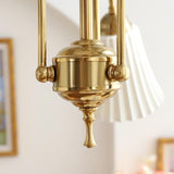 Vintage Medieval Style Ceramic Trumpet Chandelier with Gold Metal Arms and White Shades