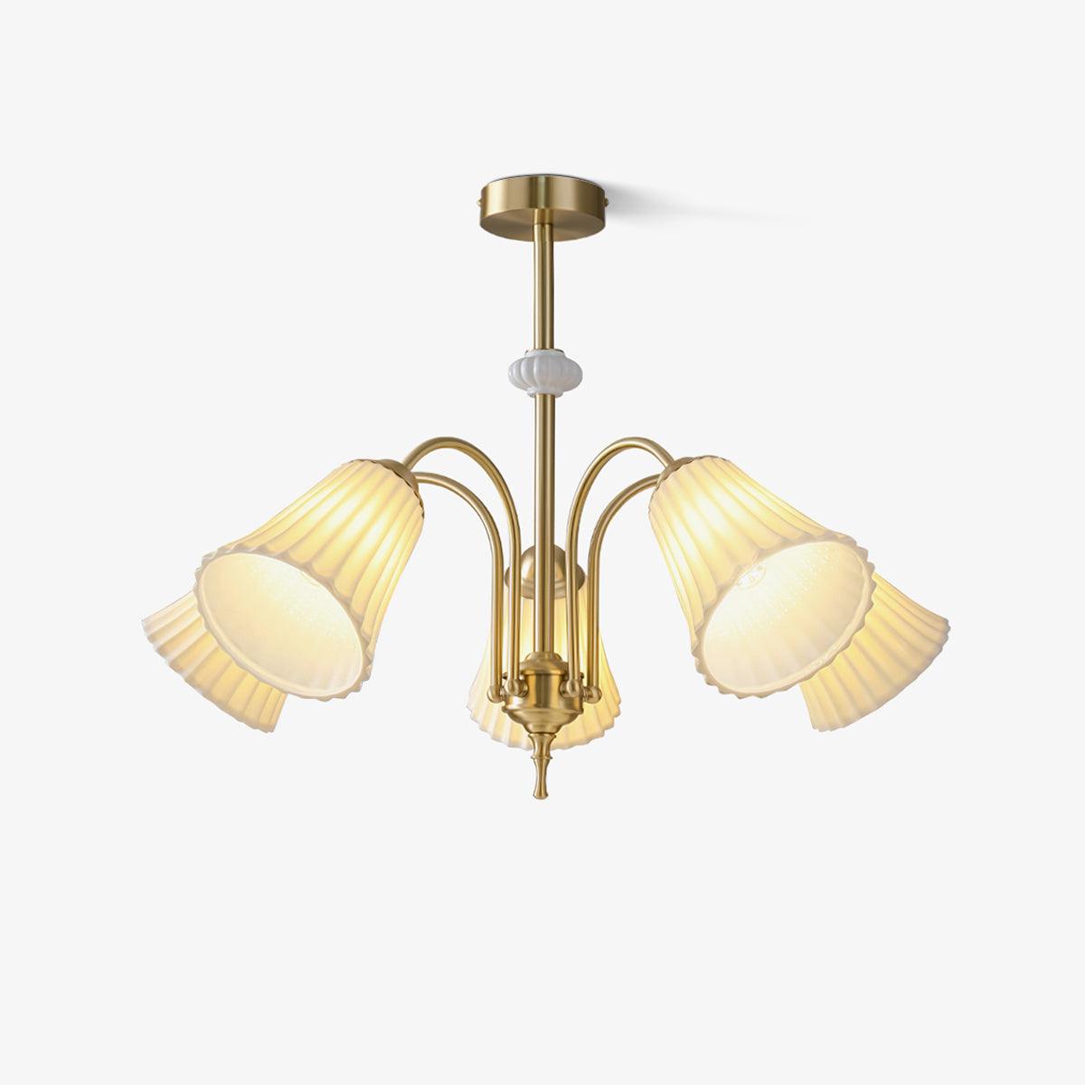 Vintage Medieval Style Ceramic Trumpet Chandelier with Gold Metal Arms and White Shades