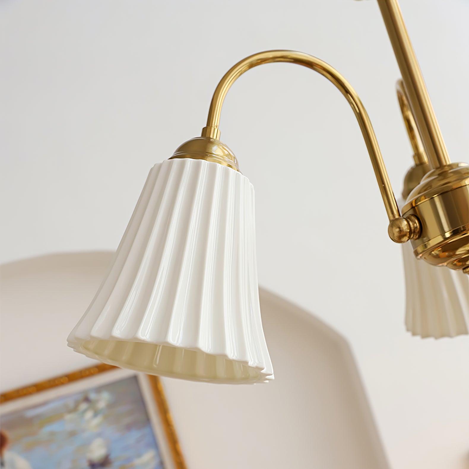 Vintage Medieval Style Ceramic Trumpet Chandelier with Gold Metal Arms and White Shades
