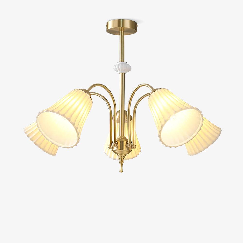 Vintage Medieval Style Ceramic Trumpet Chandelier with Gold Metal Arms and White Shades