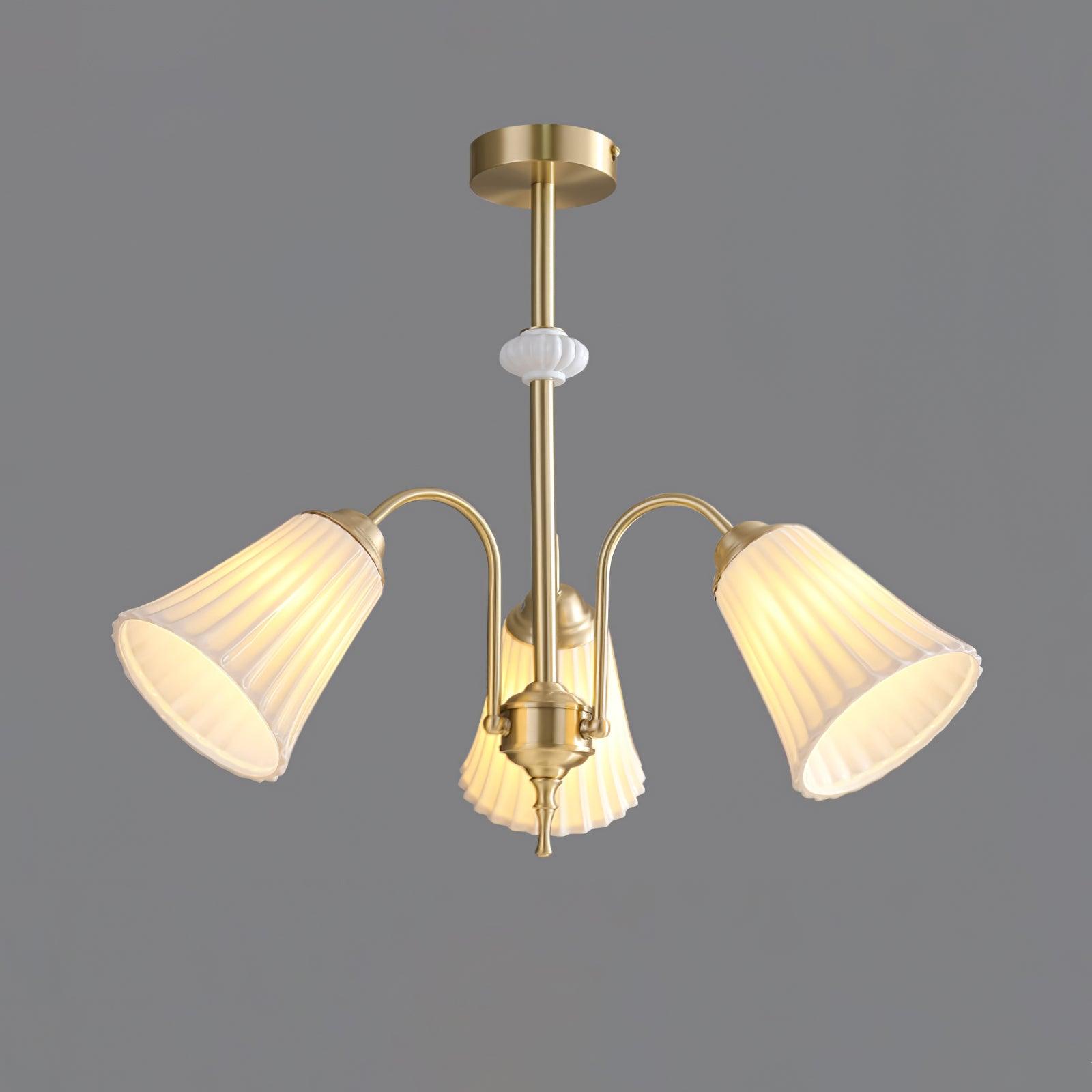Vintage Medieval Style Ceramic Trumpet Chandelier with Gold Metal Arms and White Shades