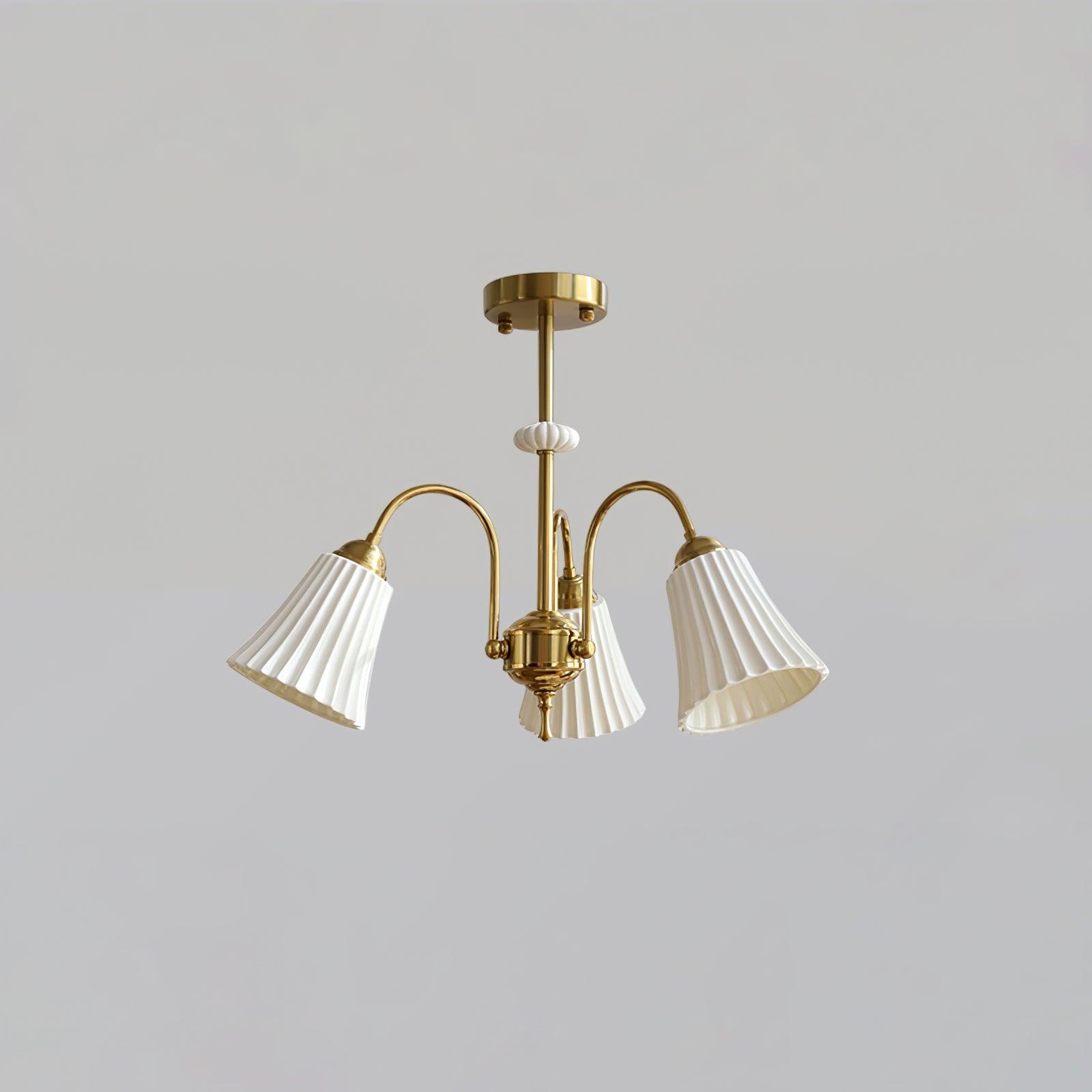 Vintage Medieval Style Ceramic Trumpet Chandelier with Gold Metal Arms and White Shades