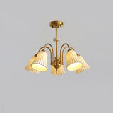 Vintage Medieval Style Ceramic Trumpet Chandelier with Gold Metal Arms and White Shades