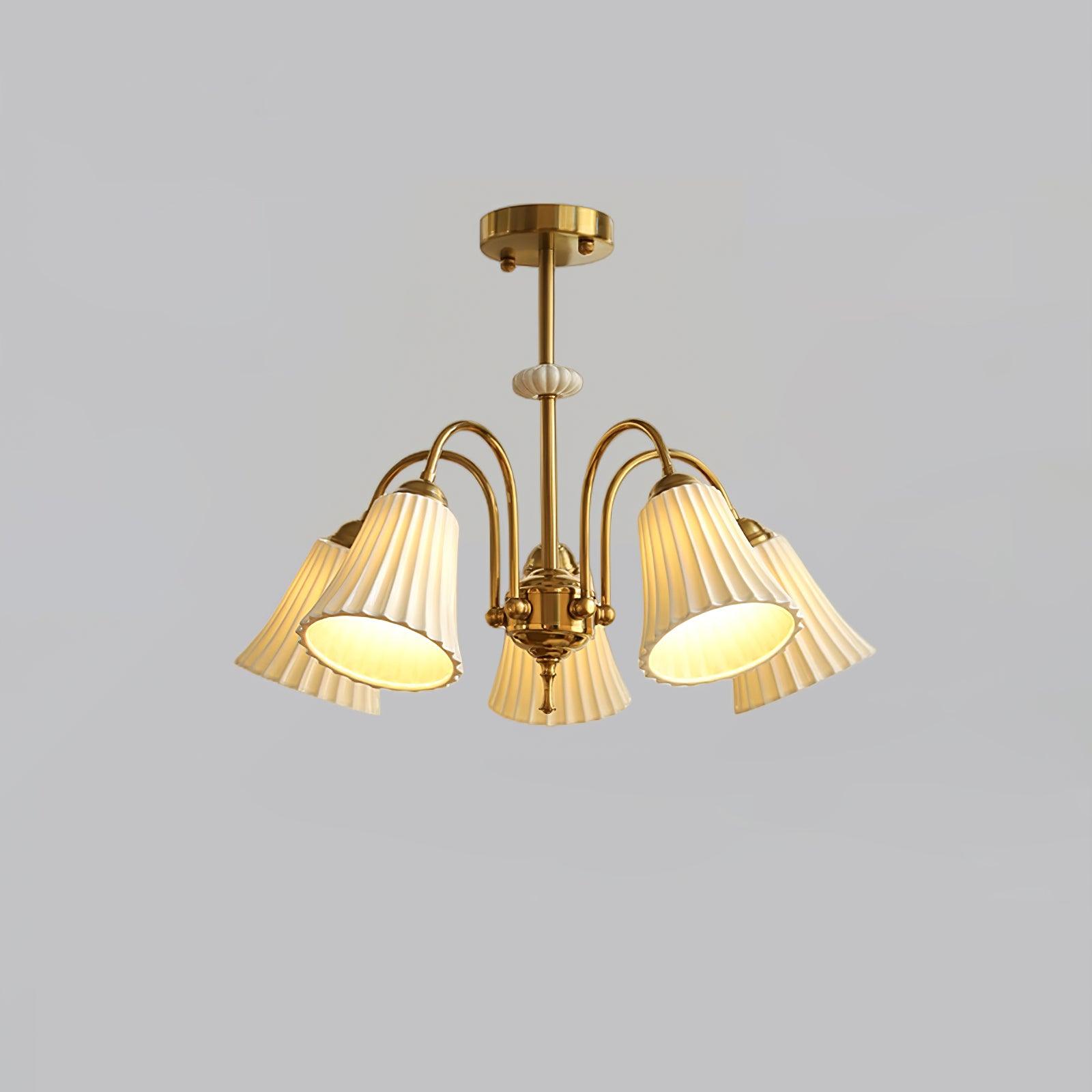 Vintage Medieval Style Ceramic Trumpet Chandelier with Gold Metal Arms and White Shades