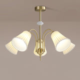 Vintage Medieval Style Ceramic Trumpet Chandelier with Gold Metal Arms and White Shades