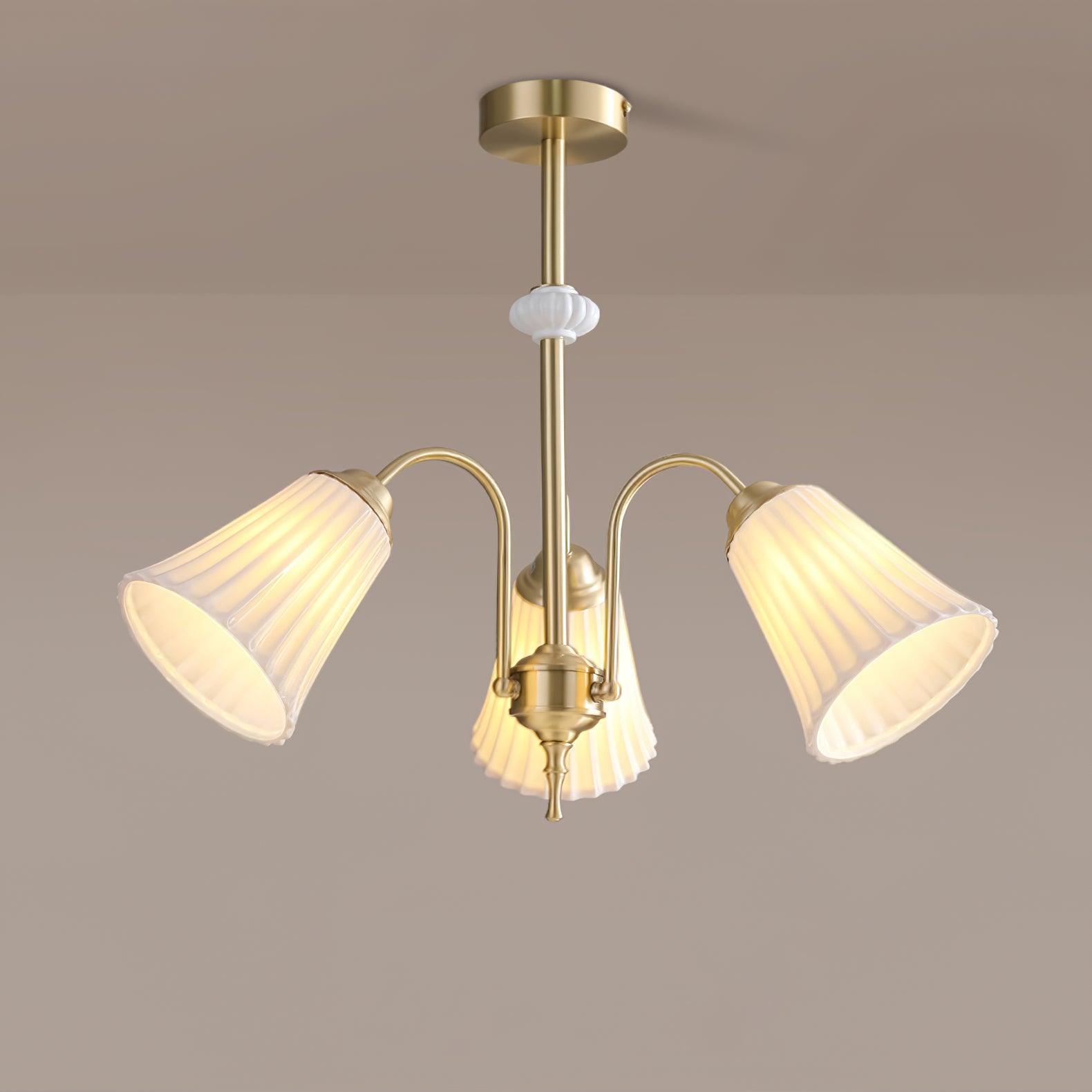 Vintage Medieval Style Ceramic Trumpet Chandelier with Gold Metal Arms and White Shades