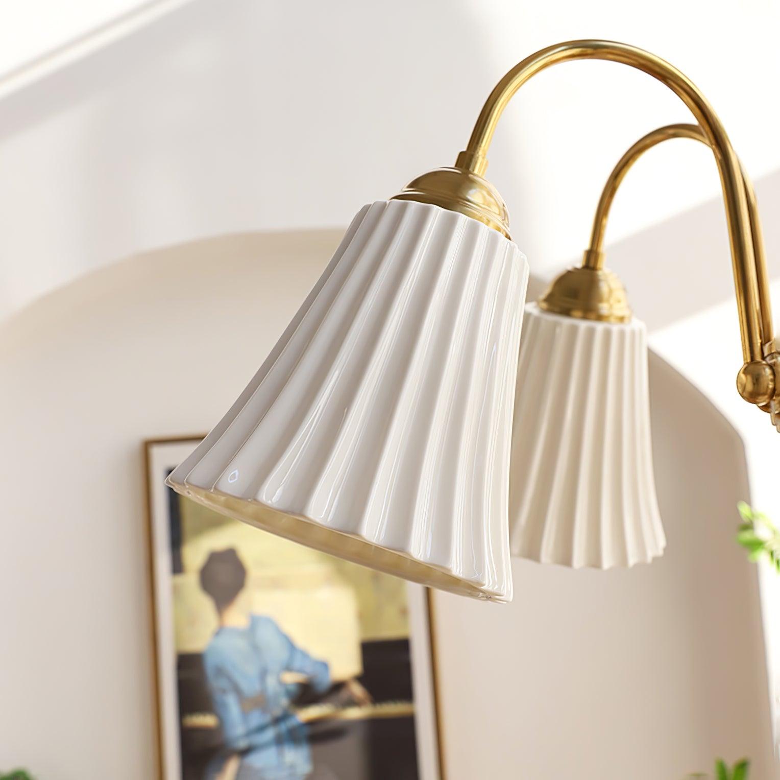 Vintage Medieval Style Ceramic Trumpet Chandelier with Gold Metal Arms and White Shades