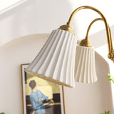 Vintage Medieval Style Ceramic Trumpet Chandelier with Gold Metal Arms and White Shades