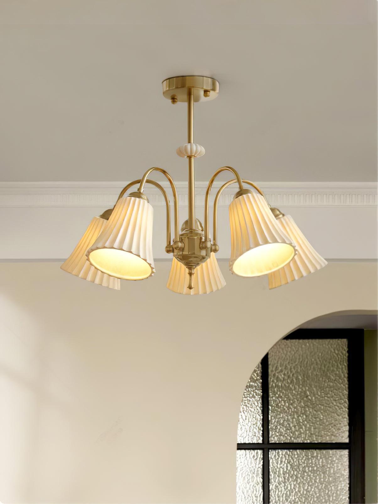 Vintage Medieval Style Ceramic Trumpet Chandelier with Gold Metal Arms and White Shades