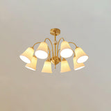 Vintage Medieval Style Ceramic Trumpet Chandelier with Gold Metal Arms and White Shades