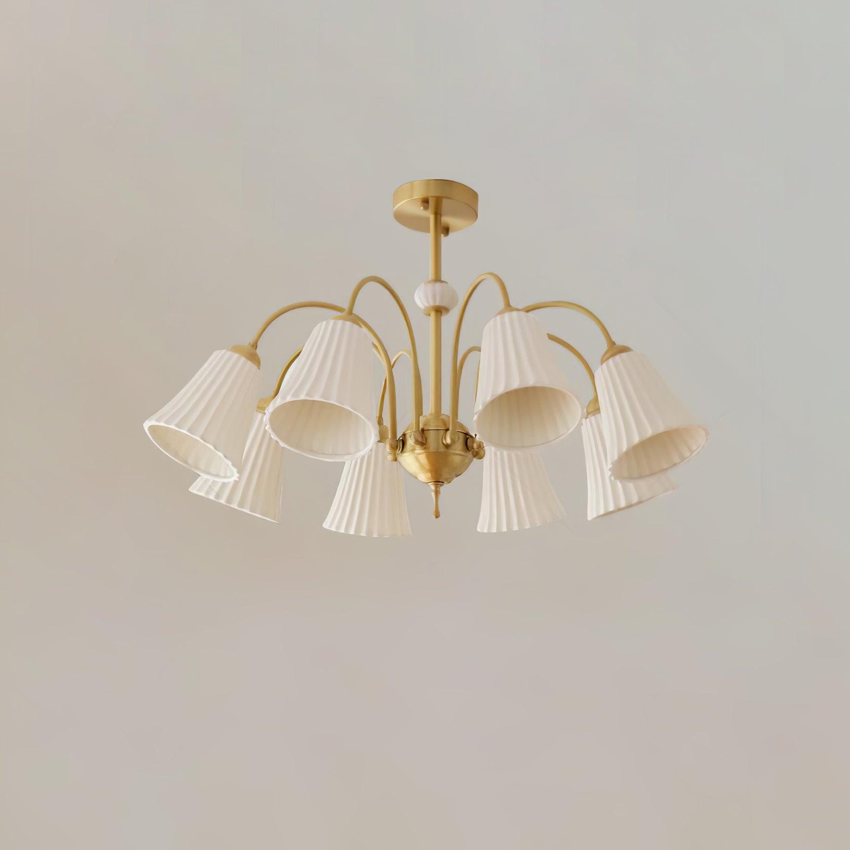 Vintage Medieval Style Ceramic Trumpet Chandelier with Gold Metal Arms and White Shades