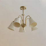 Vintage Medieval Style Ceramic Trumpet Chandelier with Gold Metal Arms and White Shades