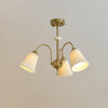 Vintage Medieval Style Ceramic Trumpet Chandelier with Gold Metal Arms and White Shades