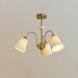 Vintage Medieval Style Ceramic Trumpet Chandelier with Gold Metal Arms and White Shades