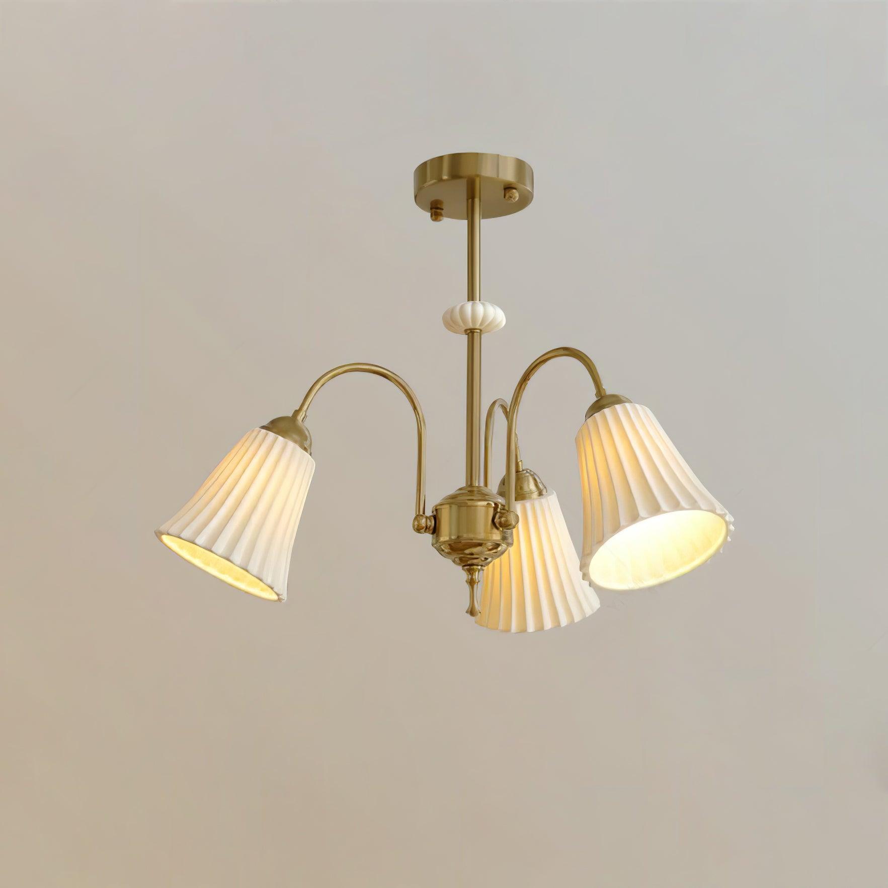 Vintage Medieval Style Ceramic Trumpet Chandelier with Gold Metal Arms and White Shades
