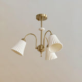 Vintage Medieval Style Ceramic Trumpet Chandelier with Gold Metal Arms and White Shades